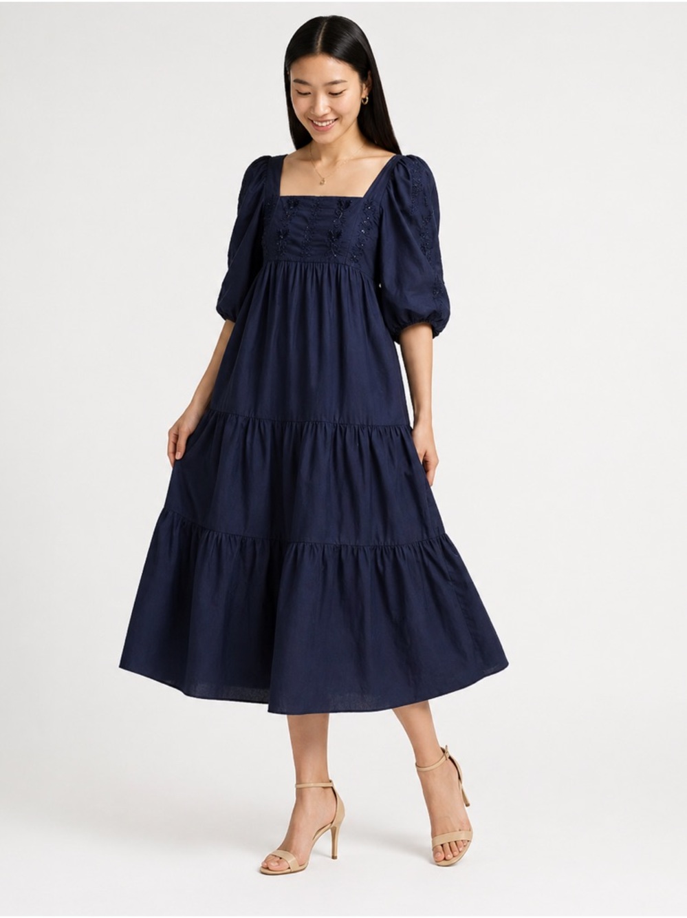 Desigual NWT Navy Puff-Sleeve Tiered Midi Smocked Peasant Beaded (XS)